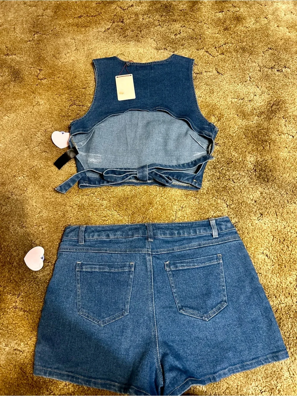 Denim Cropped Open Back Tie Tank and High-Rise Shorts Set - Medium Wash Denim